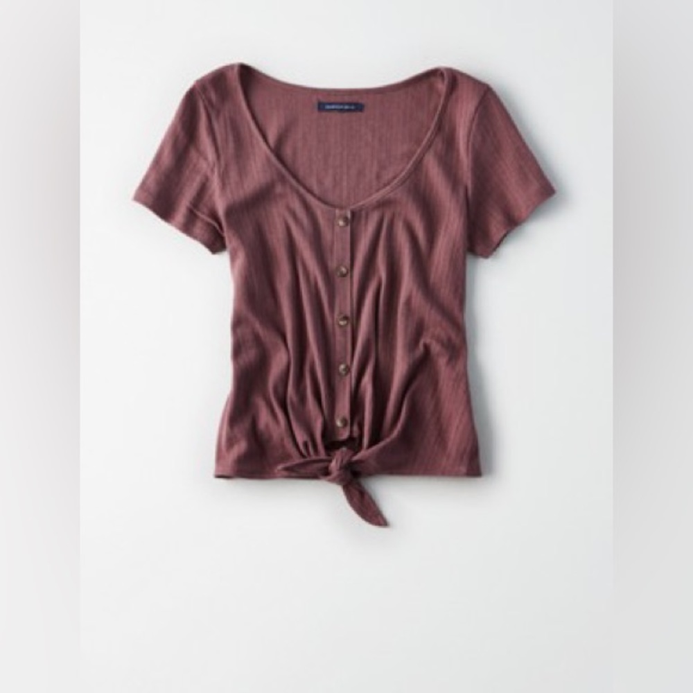 American Eagle Pointelle Button-Down Tie-Front T-Shirt